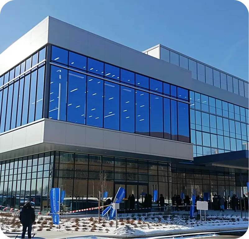 a large building featuring blue windows
